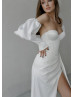 Sweetheart Corset Ivory Satin Wedding Dress With Detachable Sleeves